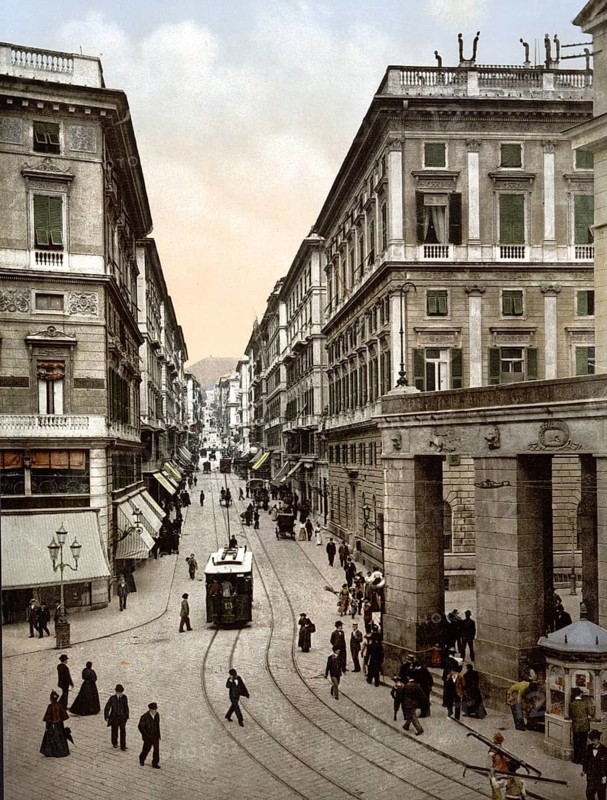 Via Roma, Genoa, Italy, Genoa, Italy, Historical, digitally restored reproduction from a 19th century original, 1880, Record date not stated