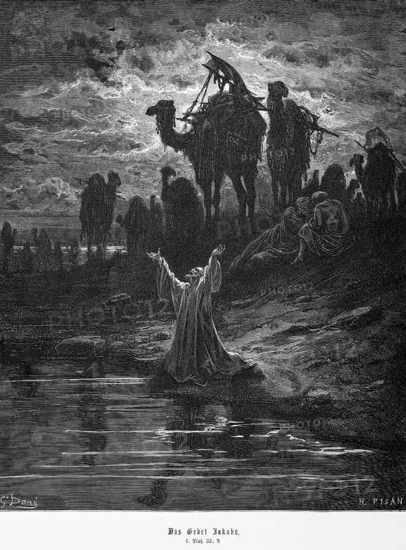 Bible, Jacob's prayer, Genesis, 32, 9, Moses, Old Testament, Genesis, waterhole, bank, towards heaven, camels, people, historical illustration 1885