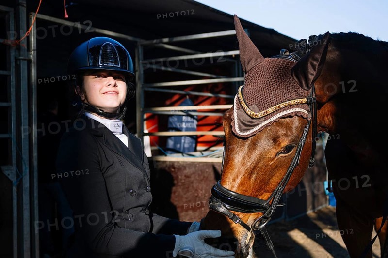 A rider in formal attire stands beside a brown horse, wearing a competition bridle and ear net The scene captures the elegance of classical dressage with natural lighting