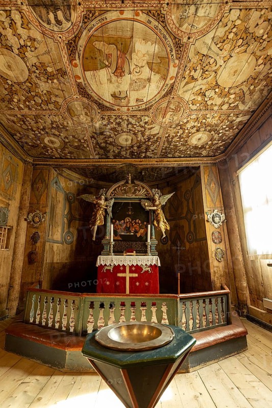 Interior with a view of the altar in Lom Stave Church (Lom stavkyrkje), Lom, Norway