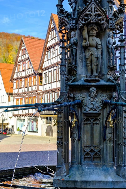 Late Gothic market fountain from around 1500, Bad Urach, Swabian Alb, Baden-Württemberg, Germany
