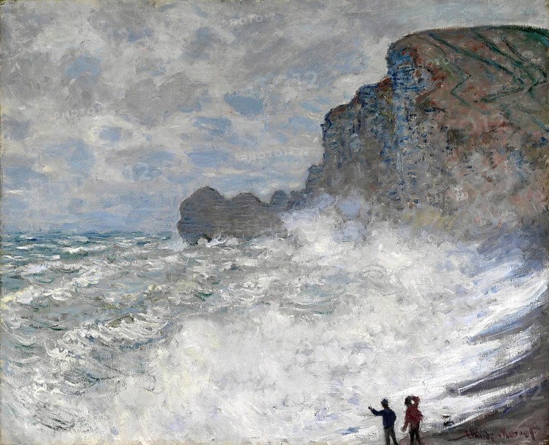 Claude Monet (b. 14 November 1840 in Paris as Oscar-Claude Monet, d. 5 December 1926) important French painter, Impressionist style. Here is his work, Rough weather at Étretat (1883), Stormy weather at Etretat (1883), Stormy waves crashing against a rocky coast under a cloudy sky