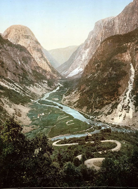Naerodalen, Nærøydalen, Norway, View from 1885, Historical, digitally restored reproduction from a 19th century original, Record date not stated