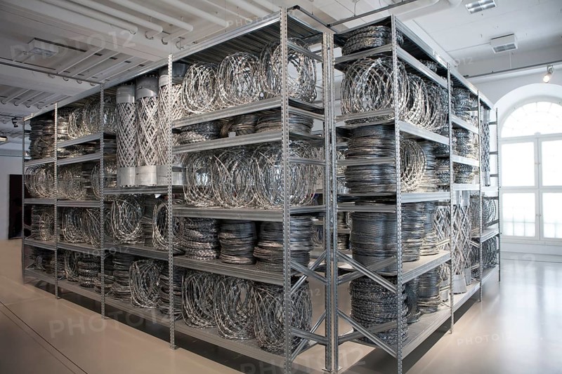 Fencing and steel shelves, Acropolis Redux, Stathis Logothetis, installation by the conceptual artist Kendell Geers, Fridericianum, documenta 14 exhibition, 2017, Kassel, Germany