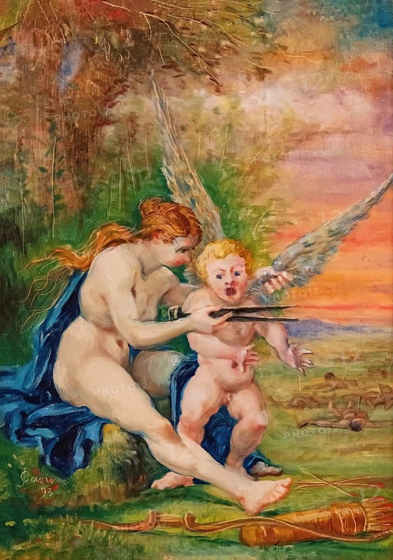Fortuna, the goddess of luck and fate of Roman mythology and love, painting by Jean-Baptiste Cariven (1843 to 1904, French painter), reproduction of a 19th century painting, digitally restored, historical, Winged angel and woman in a colourful, natural setting at sunset