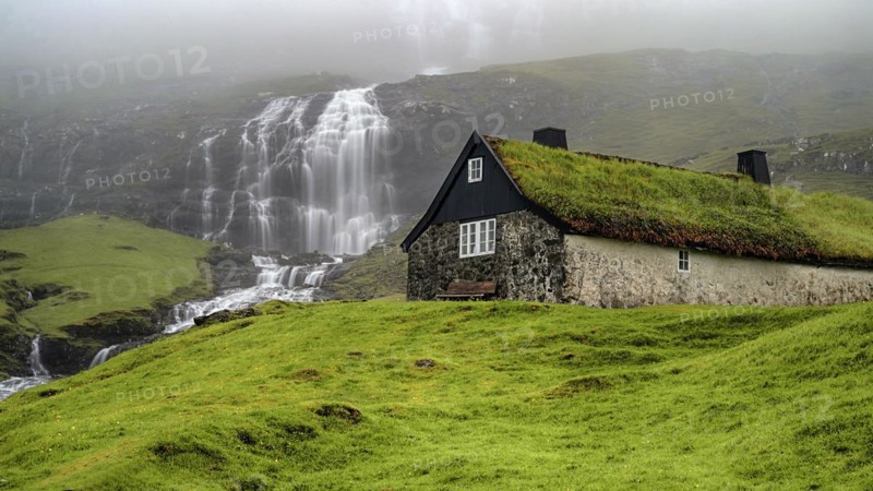 Saksun, waterfall and village view, Faroe Islands, Faroe Islands, Denmark