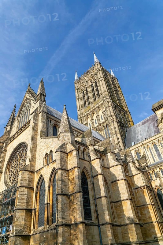 Looking up at central tower of Lincoln cathedral church, city of Lincoln, Lincolnshire, England, UK
