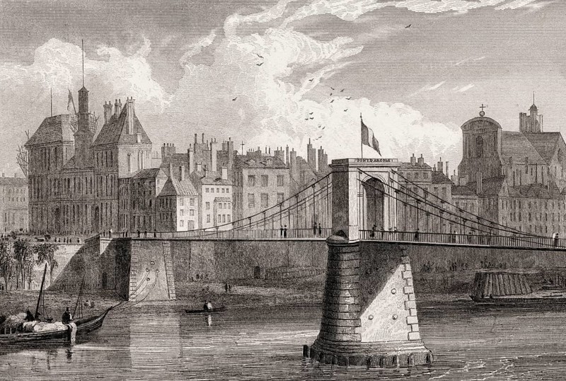 The pont d'Arcole, Paris, France, antique steel engraved print, 1831