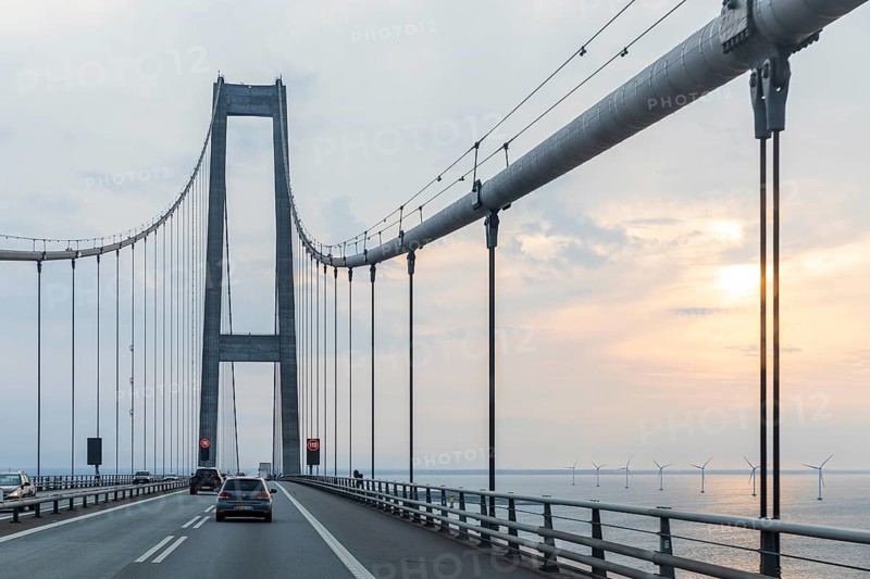 Highway across the Storebelt Bridge, on the East Bridge pylons, Denmark
