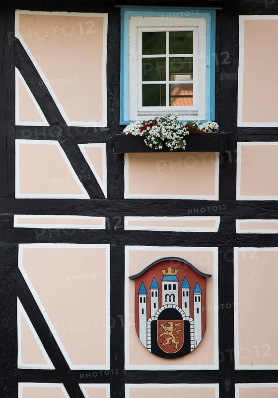 Half-timbered houses with town coat of arms, Deutsche Fachwerkstrasse, Hann. Münden or Hannoversch Münden, Lower Saxony, Germany