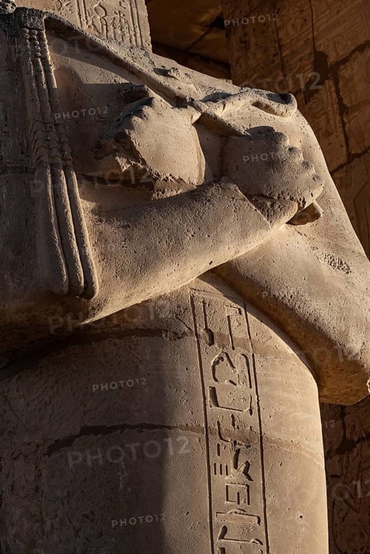 Hieroglyphic relief details from the Ramesseum, memorial temple or mortuary temple of Egyptian Pharaoh Ramesses II, part of the Theban Necropolis on the West Bank of the Nile, Luxor, Upper Egypt