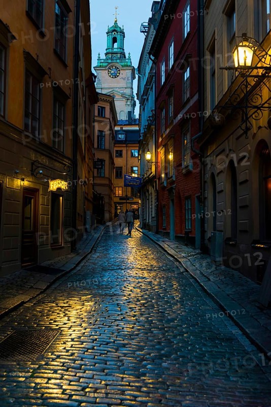 Houses in an alley of Gamla Stan, old town, centre, attraction, famous, city centre, city trip, tourism, travel, holiday, architecture, historic, UNESCO, world heritage site, evening, illuminated, evening shot, culture, history, city history, medieval, urban, Stockholm, Sweden, Scandinavia