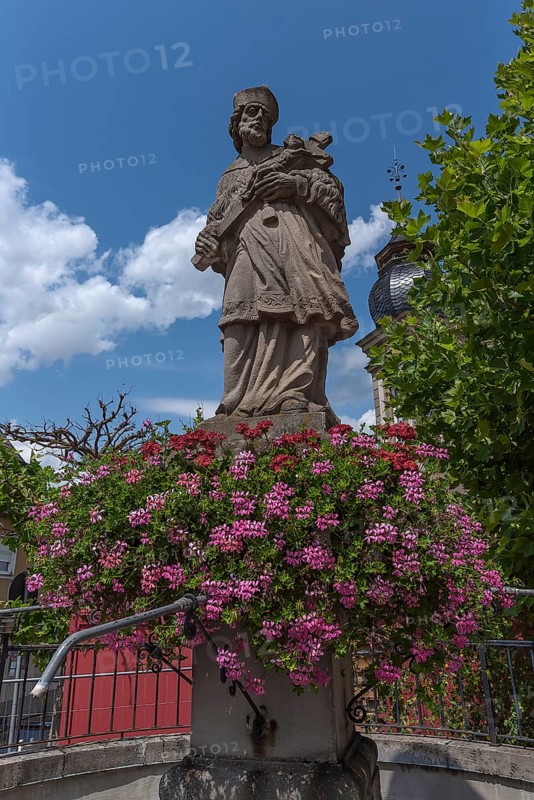 Market fountain with the figure of Saint Nepomuk, Eltmann, Lower Franconia, Bavaria, Germany