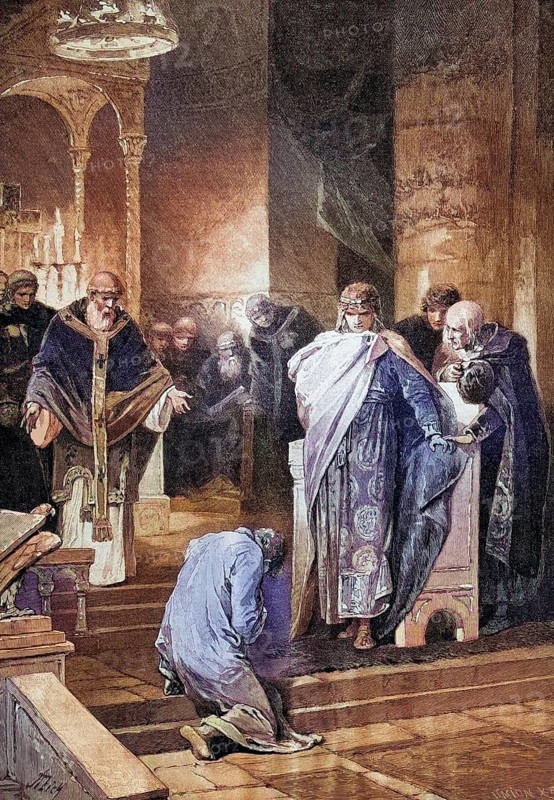 Otto I, the Great, 912, 973, forgives his brother Henry at Christmas 941 in the Frankfurt Palatine Chapel, coloured wood engraving, reproduction from a model from ca 1888, historical, baptism scene in a medieval church with priest and kneeling man