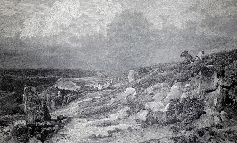 A megalithic grave in the Lüneburger Heide, 1890, Germany, illustration, reproduction from a model from the 19th century. Authentic, file restored for optimal use, exact date of original unknown, historical, hiker on a cloudy hill overlooking a vast, rocky landscape