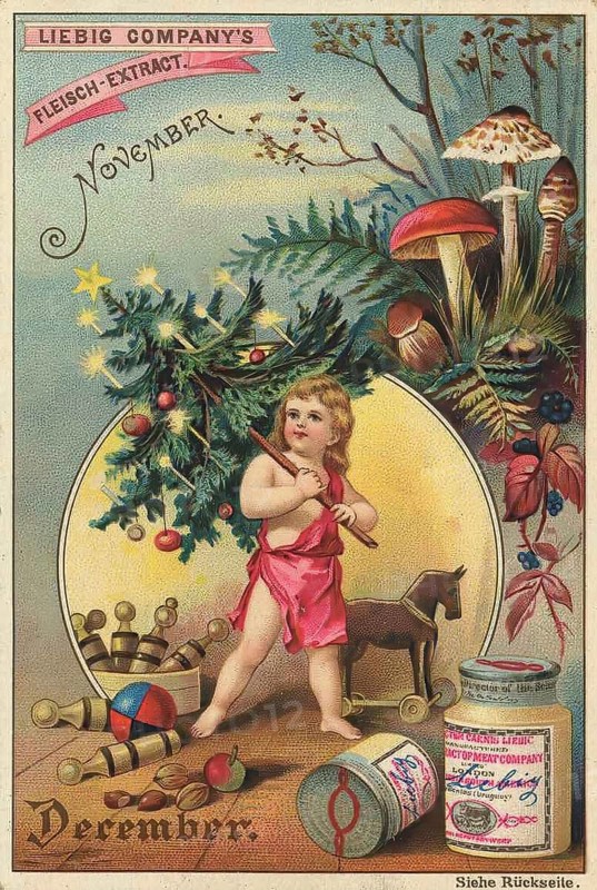 Picture series The months, November and December, Liebig picture, digitally restored reproduction of a collector's picture from around 1900, public domain, exact date unknown, A child stands with a conifer branch, surrounded by mushrooms and toys in winter festivity