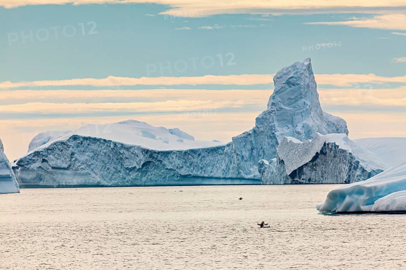 A large iceberg protrudes from the sea, a kayaker small below. The sky is cloudy, icebergs in the Southern Ocean in Antarctica