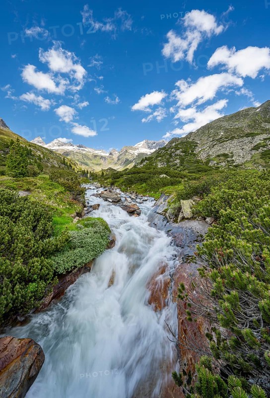 Mountain landscape with mountain stream Zemmbach, long exposure, Berliner Hütte, Berliner Höhenweg, Zillertal Alps, Tyrol, Austria