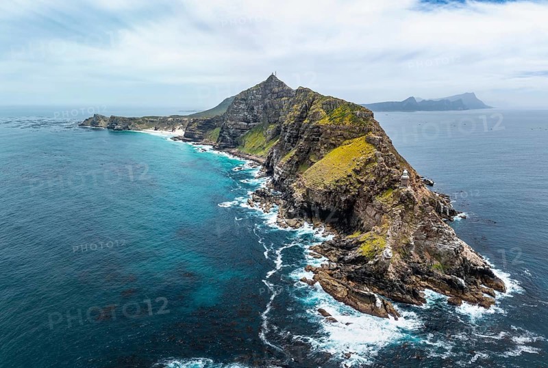 Aerial view, cliffs and sea at Cape of Good Hope, Cape Point Lighthouse, Cape Peninsula, Cape Point Nature Reserve, Cape Town, South Africa