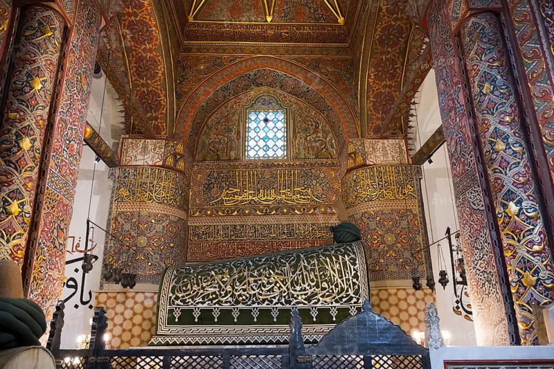 Magnificent interior with ornate ornaments and calligraphy in ancient architectural style, tomb of the famous Persian poet and Sufi mystic Jalal ad-Din Rumi, known as Mevlana, Mevlana Museum, Mevlana Museum, Mausoleum of Mevlânâ Jalal ad-Din Rumi, Konya, Central Anatolia, Turkey