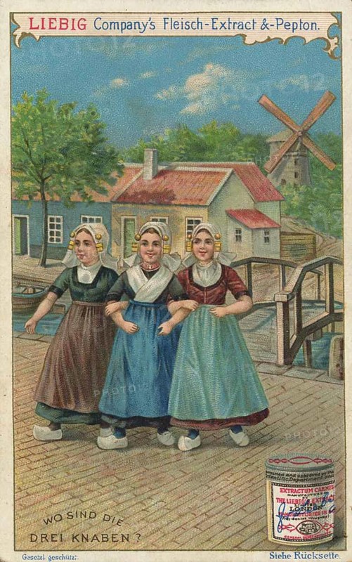 Series of search pictures, Where are the three boys, Liebig picture, digitally restored reproduction of a collector's picture from around 1900, public domain, exact date unknown, Three girls in traditional dress cross a bridge to a village