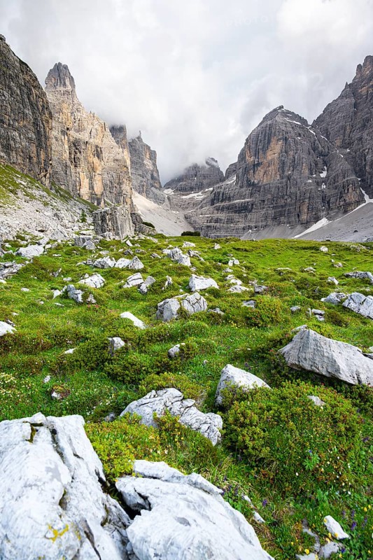 Cliffs and pinnacles in fog, Brenta Mountains, Brenta-Adamello Natural Park, Trentino, Italy