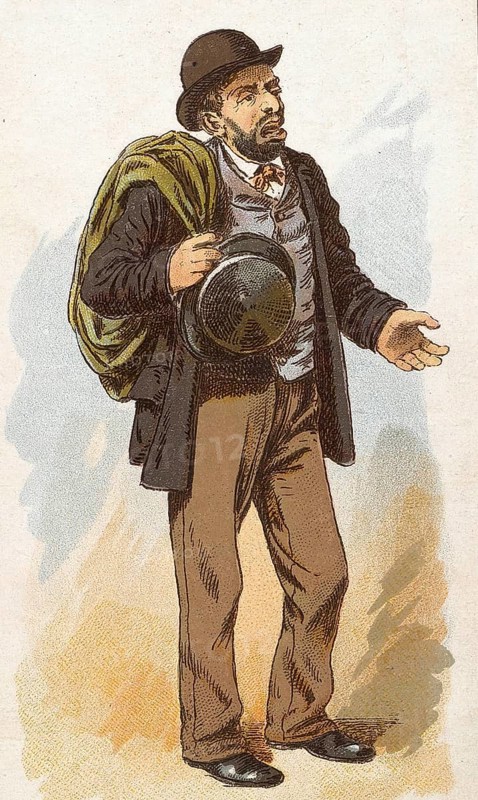 Viennese types by Ladislav Eugen Petrovits (1839, 1907), painter from Austria. Merchant Jew, Jewish trader, wanderer with rucksack seems to be engrossed in a soliloquy