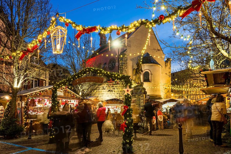 Christmas market, blue hour, Eguisheim, Haut-Rhin, Grand Est Region, Alsace, France