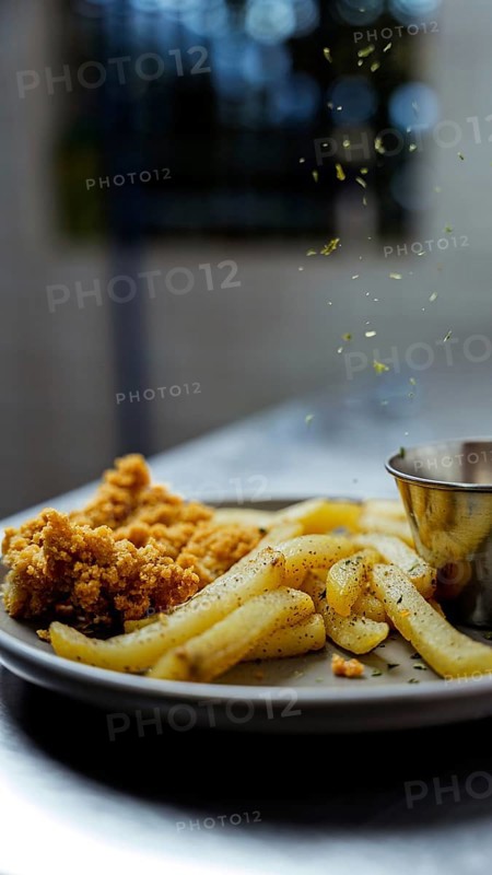 A close-up shot of crispy golden fries and crunchy chicken pieces on a plate. Fresh herbs are sprinkled above, creating a dynamic and appetizing cafe atmosphere
