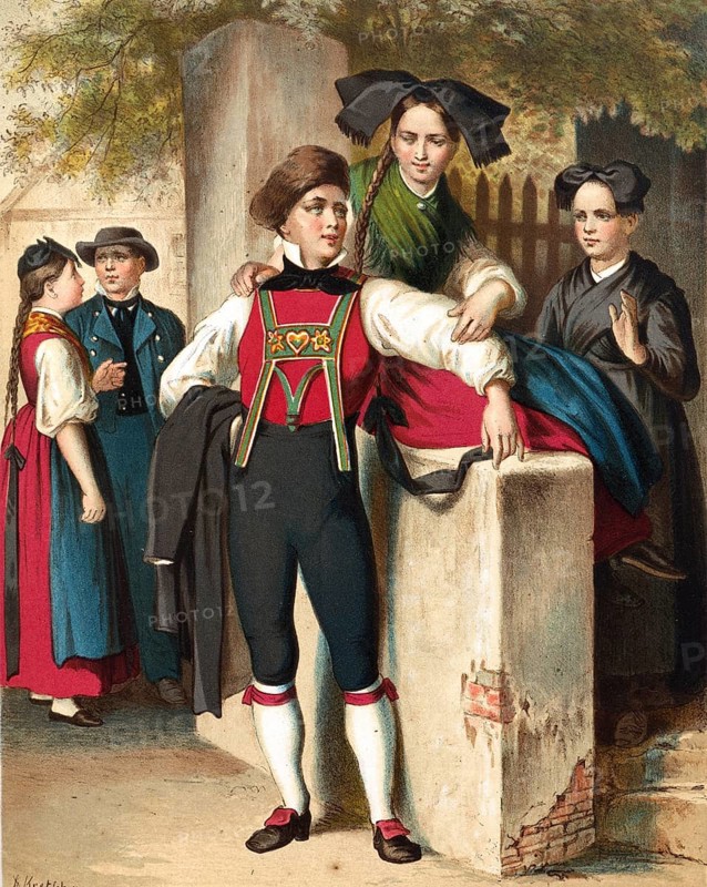 Traditional costumes in Germany around 1820, Baden, Eckartsweier, Altenheim, Dundenheim, Young man leaning against a wall while other people in traditional traditional costume look on, digitally retouched reproduction of a model from around 1850, by Albert Kretschmer (27 February 1825, 11 July 1891), German painter and costumier