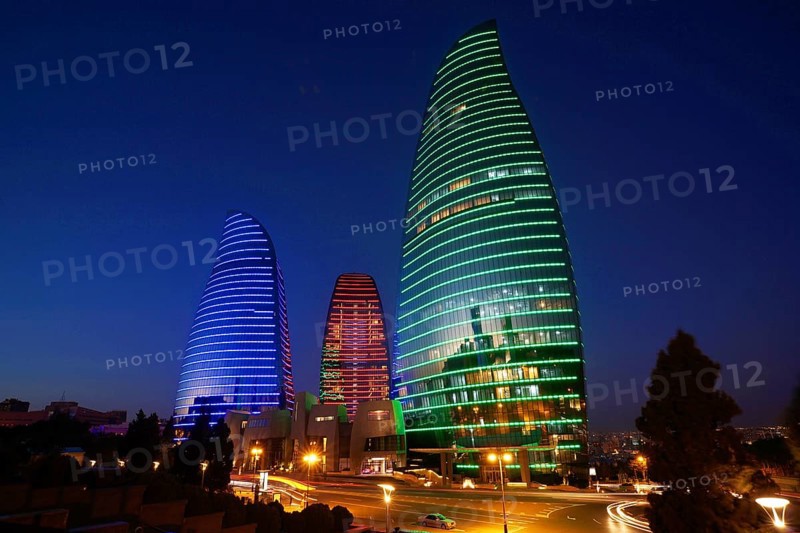 Azerbaijan, Baku, Flame Towers at night, Europe, Asia