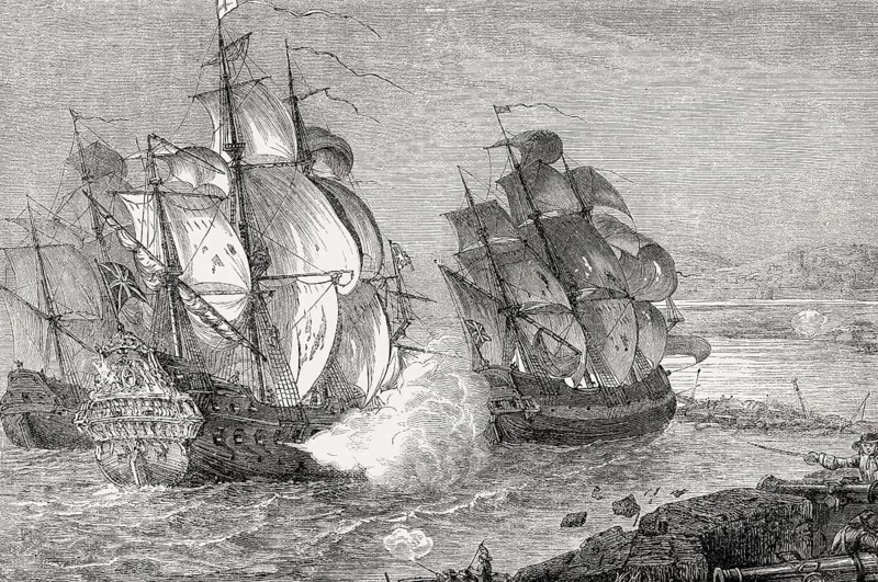 The merchant ship Mountjoy and the frigate HMS Dartmouth at the Great Siege of Londonderry, 1689, From British Battles on Land and Sea, by James Grant