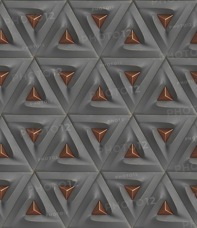 3D geometric pattern featuring triangular shapes with metallic accents. Ideal for modern wallpaper, interior design, and artistic illustration purposes