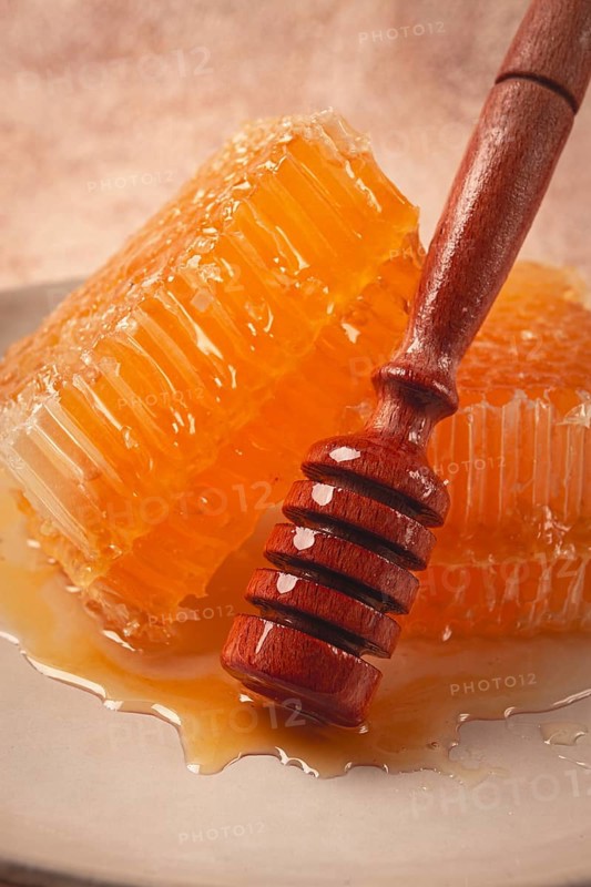 Honeycomb, with a wooden spoon-spindle, on a plate, no people