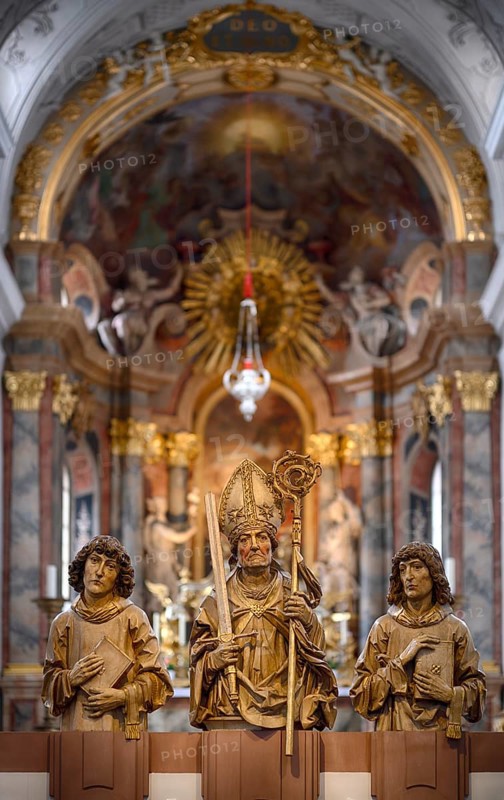 Interior view of the main altar with painting St John on Patmos by Johann Baptist Zimmermann, Neumünster parish church, Würzburg, Lower Franconia, Bavaria, Germany