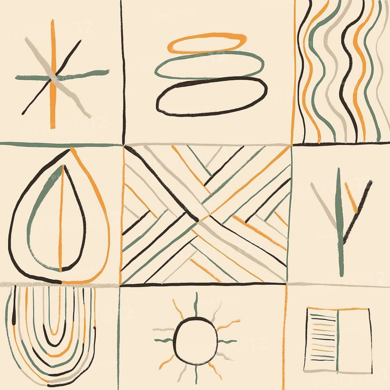 Artistic grid of hand-drawn desert-inspired symbols and patterns in earthy tones of orange, green, and beige, featuring sun, waves, and geometric designs in a minimalist aesthetic