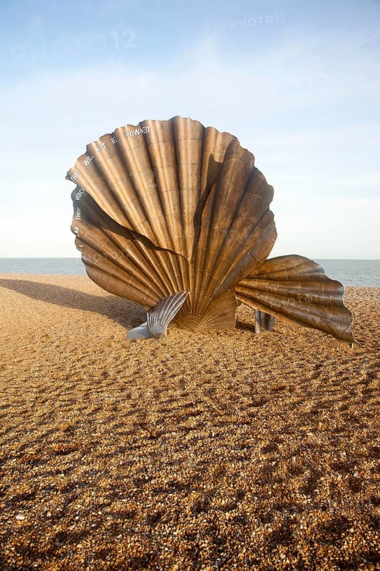 Scallop sculpture by artist Maggi Hambling, on shingle beach at Aldeburgh, Suffolk, England, United Kingdom