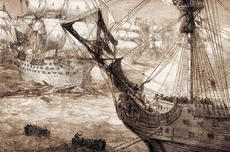 HMS Torbay at the Battle of Vigo Bay, 23 October 1702, From British Battles on Land and Sea, by James Grant