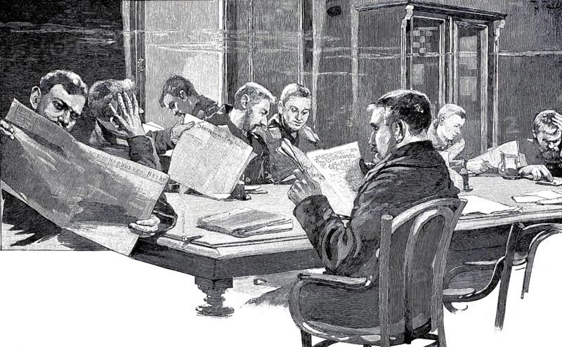 In the Seamen's House in Kiel, the reading room, 1890, Germany, illustration, reproduction from a model from the 19th century. Authentic, file restored for optimal use, exact date of submission unknown, Historical, Several men read and discuss newspapers together at a conference table