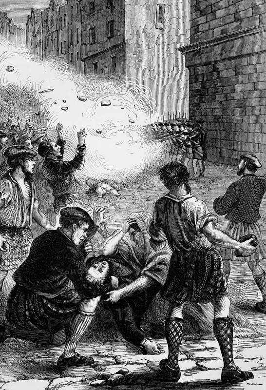 Soldiers fire on rioters during the 1723 riots in Glasgow over the tax on beer. The nine dead and many wounded inflamed tempers, the rioters drove them away and the troops took refuge in Dunbarton Castle, England, digital reproduction of a historical model