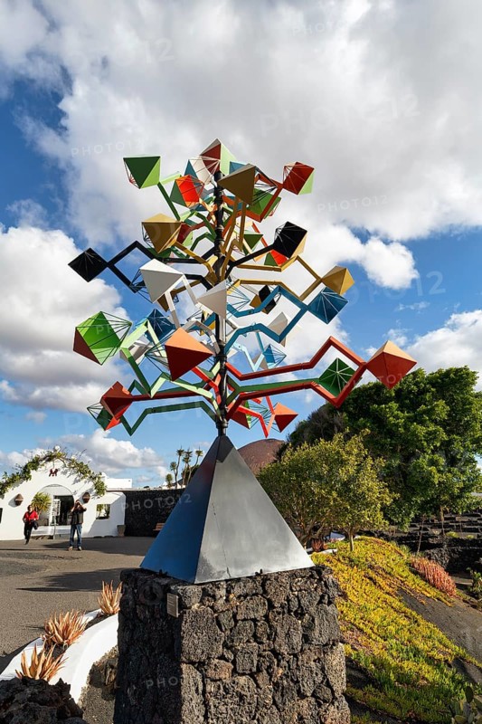 Colourful wind chimes at the entrance, former home of the artist, Fundacion Cesar Manrique, Tahiche, Teguise, Lanzarote, Spain