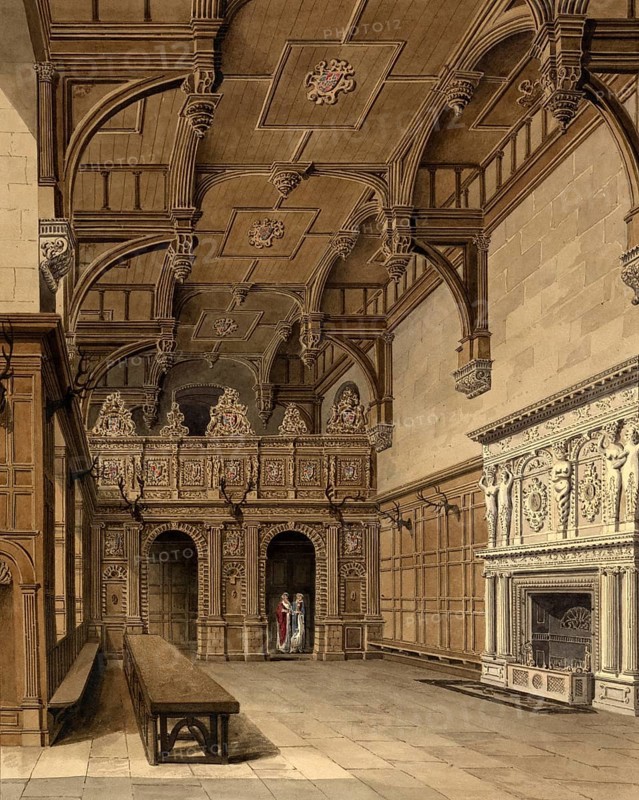 Interior view of the hall at Longleat the Seat of the Marquis of Bath, west of Warminster in Wiltshire, England, digitally restored reproduction of a 19th-century original by John Buckler, Record date not stated, Interior View of the hall at Longleat the Seat of the Marquis of Bath, west of Warminster in Wiltshire, digitally restored reproduction of a 19th-century original, Record date not stated