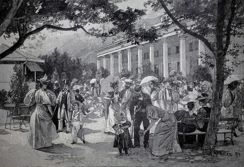 Noble people in front of the Kursaal in Bad Ragaz, 1890, Switzerland, illustration, reproduction of a model from the 19th century. Authentic, file restored for optimal use, exact date of submission unknown, Historic, Many people enjoy the day in a park in front of an imposing building