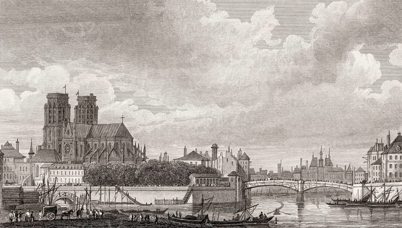 Panorama of Paris with Notre-Dame de Paris, antique steel engraved print, 1831