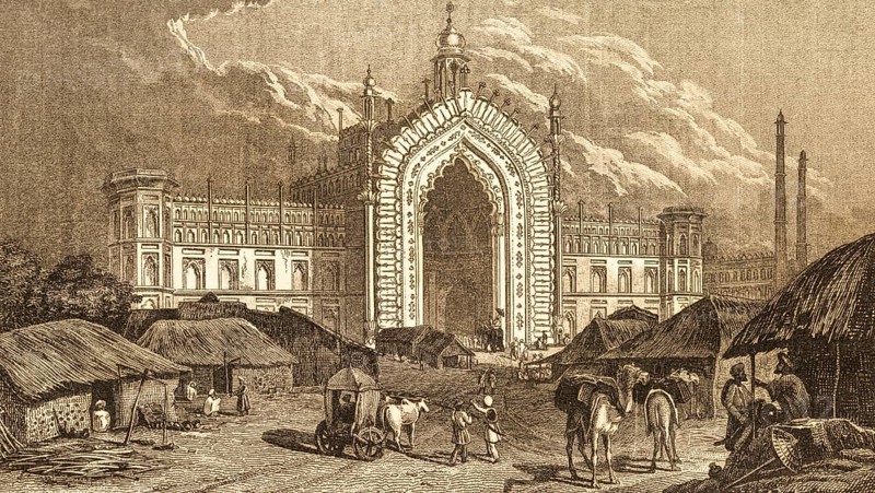 Rumi Darwaza, Lucknow, Uttar Pradesh, India, entrance gate, towers, Turkish model, built 1784, Awadhi architecture, huts, cattle, carriage, camels, transportation, people, steel engraving, historical illustration 1834