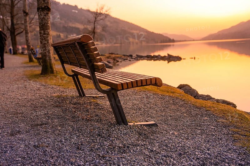 An empty wooden bench on the lakeside at sunset on a gravel path, Großer Alpsee, Immenstadt im Allgäu, Bavaria, Germany