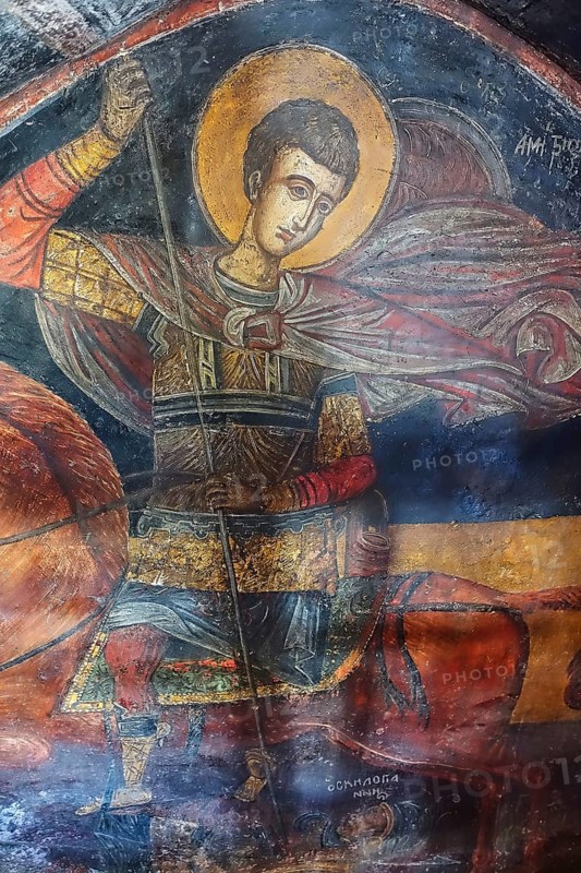 Medieval fresco of a saint in armour on a horse with halo, Asklipio village, Asklipion, Kimisis tis Theotokou church, Rhodes, Dodecanese, Greek Islands, Greece