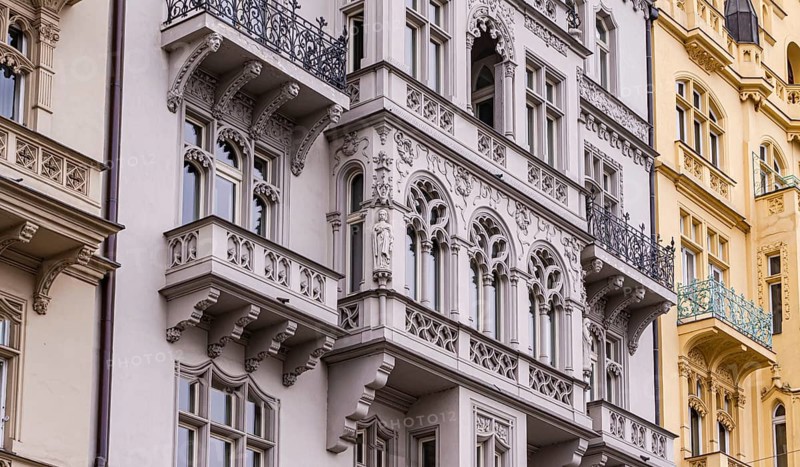 Detailed view of historic Prague facades, showcasing intricate designs and architectural elegance. Perfect representation of Old Prague's timeless charm and architectural splendor