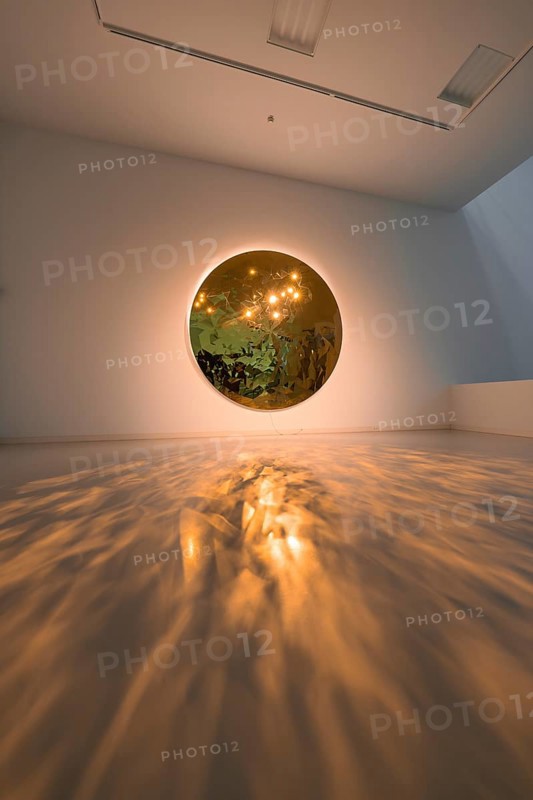 A round mirror on the wall casts warm light reflections onto the floor in an art space, Schauwerk Sindelfingen, Germany