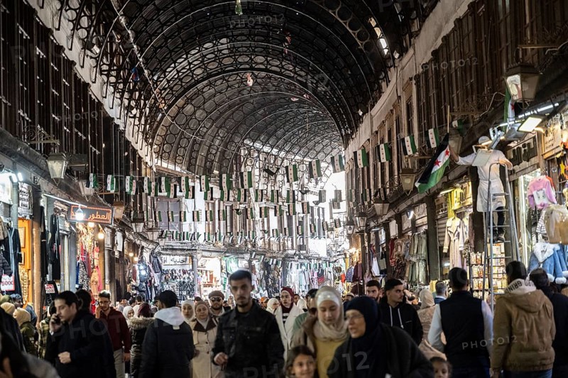 Damascus, Syria. December 7th 2025. Souk al Hamidiyeh busy with crowds of Syrian people shopping in the largest covered market in Damascus Old City, Syria